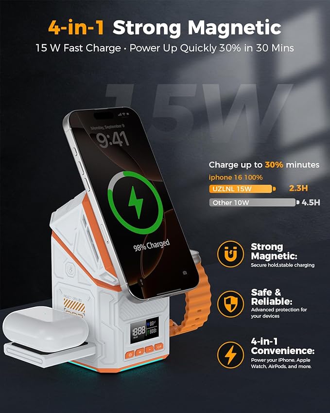 3 in 1 Charging Station for Apple, Qi2 Certified Touch Rotating Design Wireless Charging Station, Magnetic Fast Wireless Charger Station for iPhone 17 16 15 14 13 12 Series, Apple Watch, AirPods