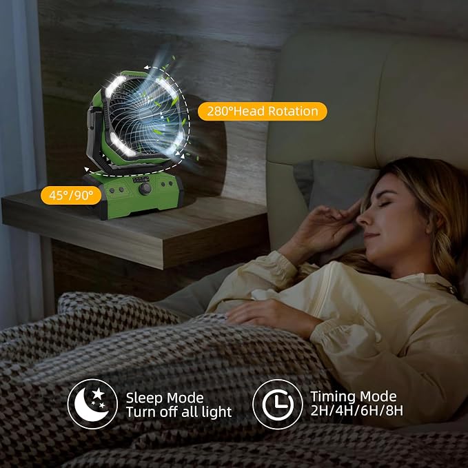 ELZO 30000mAh Camping Fan with LED Light, Max 70H Working, Cordless Portable Rechargeable Desk Tent USB Fan with Remote Hook, Head Rotation, Stepless Speed, for Home Outdoor Office Travel Fishing