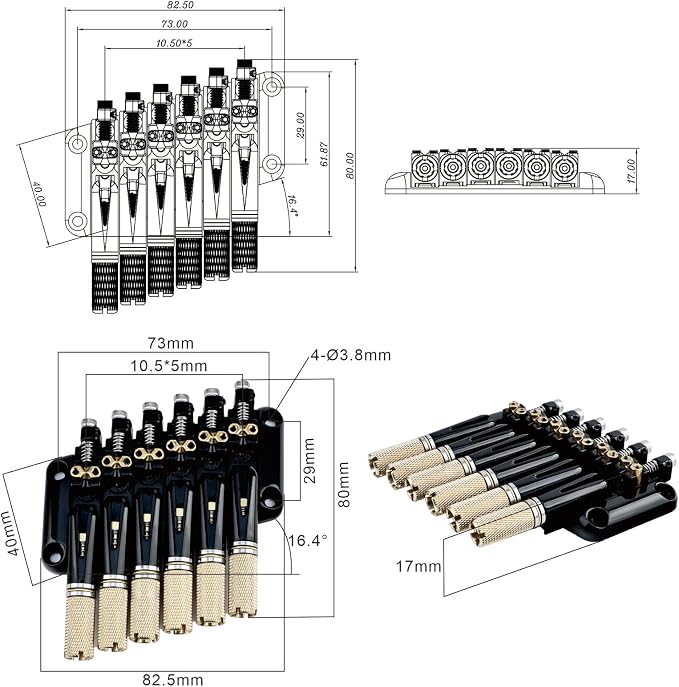 Fanned-fret 6 String Headless Guitar Bridge 10.5mm Headless Fixed Bridge -Brass Saddles Zinc Alloy Plate, Easy Installation/Adjustment, Fits Most 6-String Headless（Gold Tailpiece Nut）