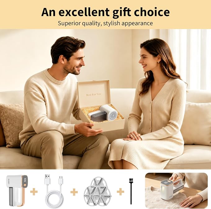 EiLVEEY Rechargeable Lint Remover, Fabric Shaver Fuzz Remover, Sweater Shavers with 6-Leaf Blades, 3-Speeds Digital LED Display to Remove Pilling for Clothing and Furniture, Lint Ball, White