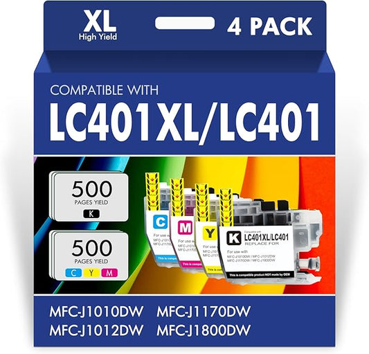 LC401XL LC401 MFC-J1010DW Ink Cartridges for Brother Printer 401XL LC 401 for MFC-J1010DW MFC-J1170DW MFC-J1012DW MFC-J1800DW MFC J1010DW - 4 Pack High Yields Black Cyan Magenta Yellow