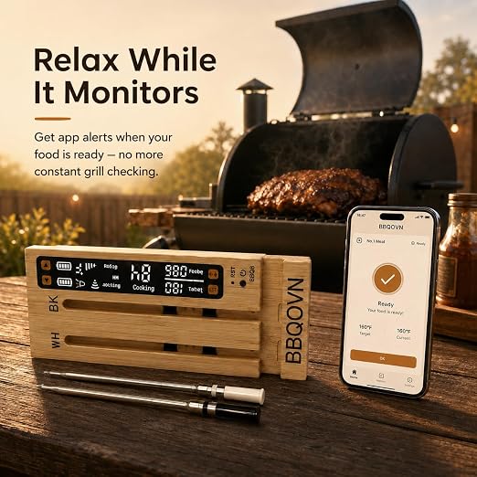 BBQOVN WiFi Sub-1G Wireless Meat Thermometer Unlimited Range 7 NIST Certified Sensors with Ambient Temp 2 Temp Monitoring Ways Digital Smart Base and App for BBQ, Smoker, Grill, Oven (Dual Probes)