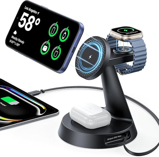 Meifigno 4 in 1 Magnetic Wireless Charger with 20W Fast Retractable Cable for Apple Devices, Charging Station Designed for MagSafe Charger Stand with 45W Adapter for iPhone 17 16/Apple Watch/Earbuds