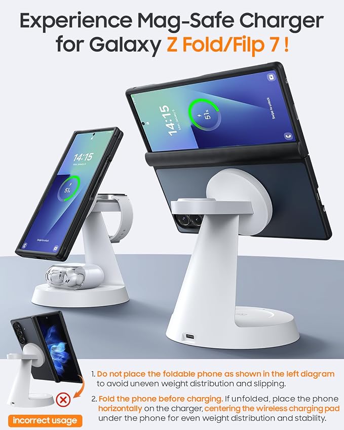 Meifigno Magnetic Wireless Charger for Samsung, 3 in 1 Charging Station Compatible with MagSafe Samsung Charger for Galaxy S26 Ultra S25 Z Fold7/Flip7, Charger Stand for Galaxy Watch Ultra 8 7, White