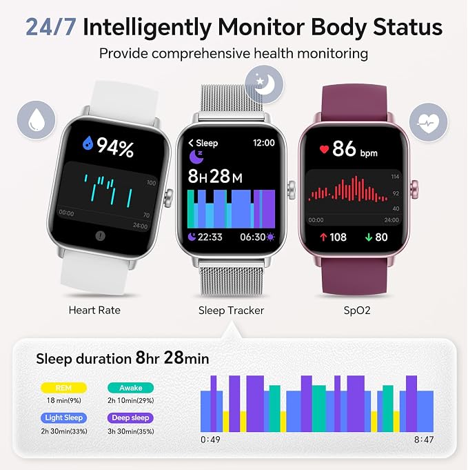 Smart Watches for Women Men (2 Bands), 1.85" HD Alexa Smart Watch for Android Phones & iphone Compatible, 120 Sport Modes Fitness Watch, Heart Rate/SpO2/Sleep Tracker, 3ATM Waterproof Pedometer Watch