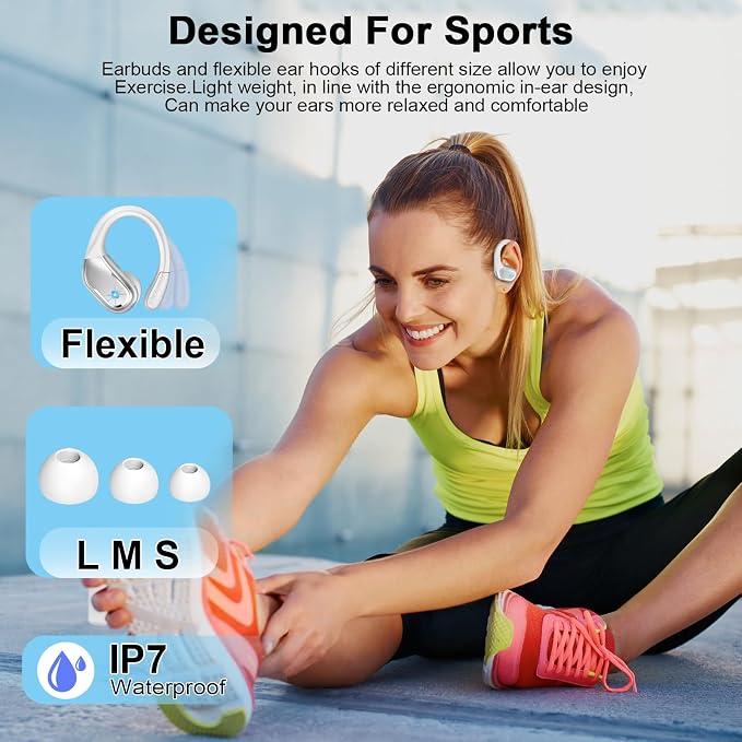 Wireless Earbuds, 75hrs Bluetooth 5.4 Headphone Sport, 2026 Bluetooth Earbuds Deep Bass Over Ear Buds with Earhooks, ENC Noise Cancelling Earphone Mic, IP7 Waterproof for Workout/Running/Gym Sliver