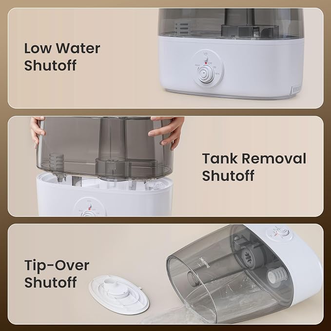 Provirtec 6.5L Stay Clean Tank Humidifier for Large Room, Low Maintenance, Top Fill Design, Ultra Quiet 65H Runtime, Cool Mist Ultrasonic for Bedroom, Home, Plants HC12