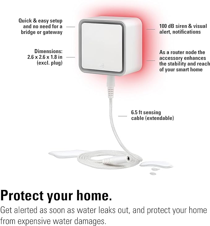 Eve Water Guard - Smart Home Water Leak Detector, 6.5 ft Sensing Cable, 100 dB Siren, (Apple HomeKit), App Notifications, Bluetooth, Thread
