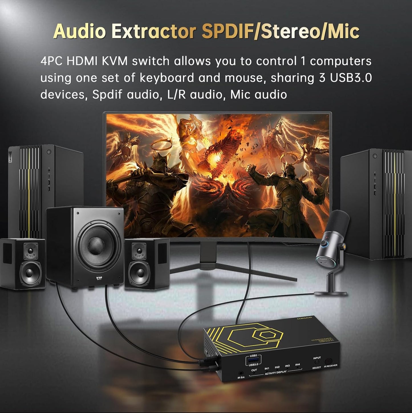 4K@60Hz HDMI KVM Switch USB3.0 4 Computers 1 Monitors HDMI 4 Port KVM Switches for 4 PC Share 1 Monitor and 4 USB 3.0 Devices SPDIF L/R Mic Audio with IR Remote Control and 4xUSB 3.0 Cables