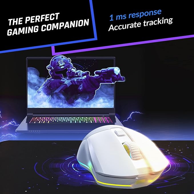 KLIM Blaze Pro Rechargeable Wireless Gaming Mouse with Charging Dock RGB - New Version - High-Precision Sensor and Long-Lasting Battery - Up to 6000 DPI - Great PC Gaming Mouse Wireless - White