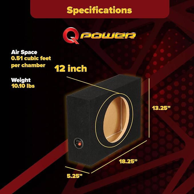 Q-Power Shallow Single 12 Inch Heavy Duty Sealed MDF Material Truck Audio Subwoofer Enclosure Box with Durable Carpeted Exterior, Charcoal Gray