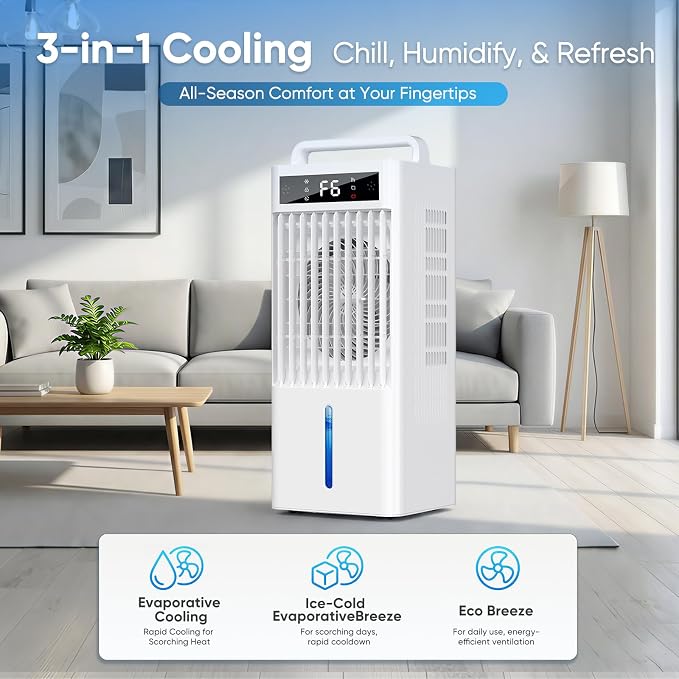 Portable Air Conditioners Fan, Windowless Evaporative Air Cooler 2 Modes & 6 Speeds, 12H Timer for Smart Auto-off, 3-Gals Tank for 20H Cooling,16FT Remote,No Hose Needed,38db Swamp Cooler
