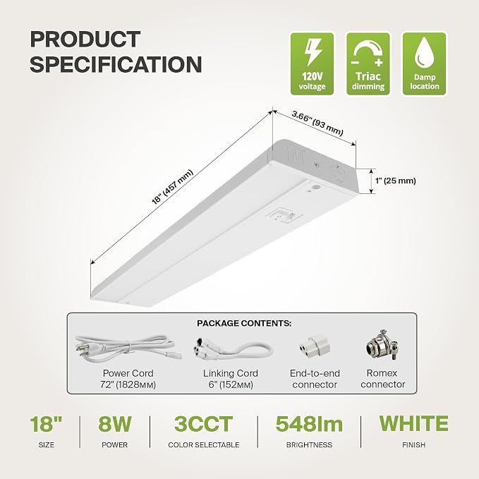 ASD LED Under Cabinet Lighting Plug in or Hardwired 18 Inch, Dimmable Under Cabinet Lights with High/Low/Off Switch, 3CCT 2700K-4000K, Linkable Under Counter Lights for Kitchen, ETL, White, 20 Pack
