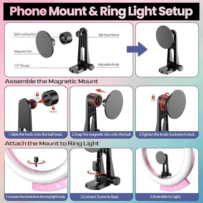 UBeesize 12'' LED Ring Light with 62'' Tripod Stand and Magnetic Phone Holder, Selfie Ring Light for Video Recording, Live Streaming, Compatible with iPhone & Android (Pink)