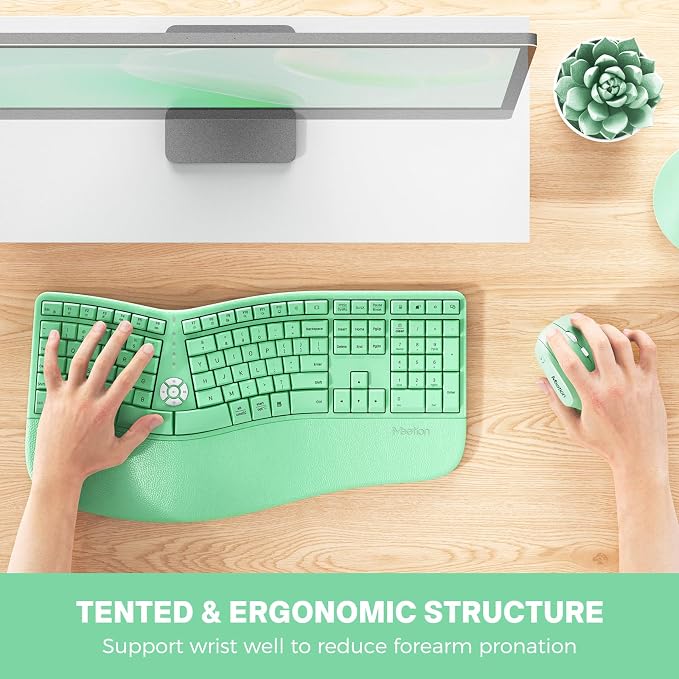 MEETION Ergonomic Keyboard and Mouse, Wireless Keyboard with Vertical Mouse, Split Curved Keyboard with Wrist Rest, Natural Typing Full Size, Windows/Mac/Computer/Laptop, Green