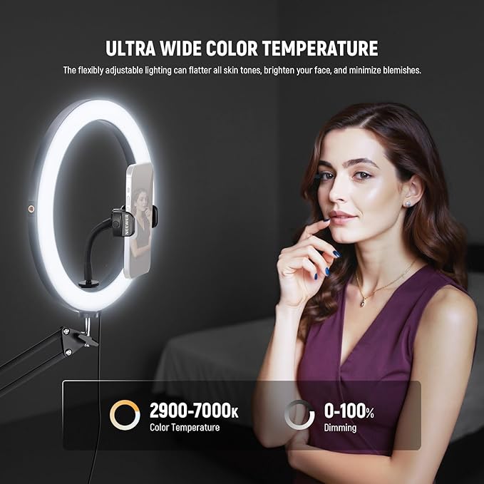 NEEWER 12" 24W High Power LED Ring Light Compatible with iPhone, 60" Overhead Folding Light Stand/Phone Holder Mount for Video Recording Selfie Makeup Streaming, 2900-7000K USB C PD Input CRI97+, RH12