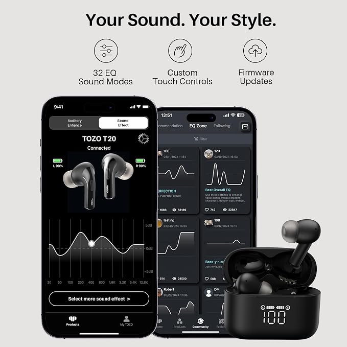 TOZO T20 Wireless Earbuds, Bluetooth 5.3 Headphones with 97H Playtime, IPX8 Waterproof, Dual Mic ENC Call Noise Cancelling, Deep Bass Sound, LED Display, Wireless Charging Case