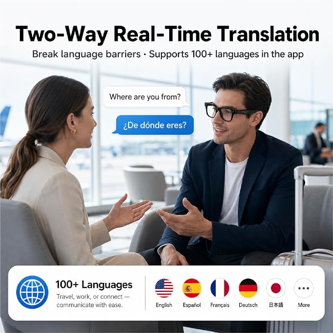 AI Smart Glasses - 8MP Camera with 1200P POV Video Recording - Real-Time Translation Wearable Assistant for Travel and Meetings - Anti-Blue Light Lenses, Black Frame