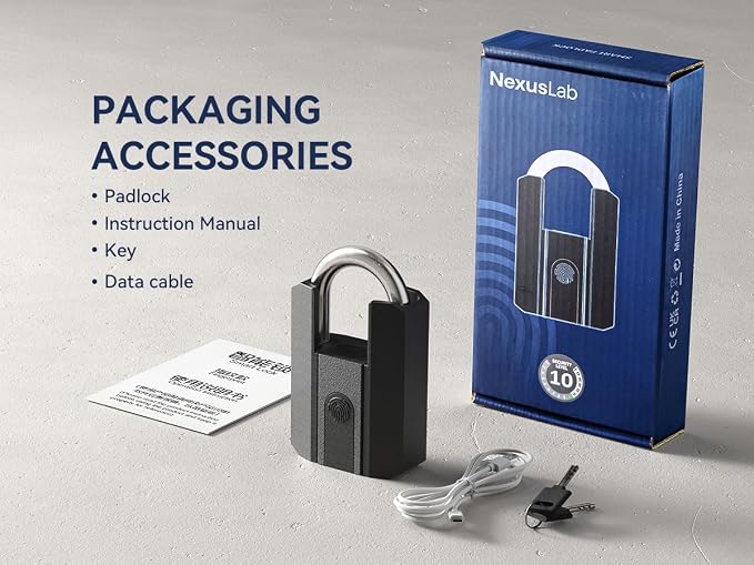 NexusLab Fingerprint Padlock, Heavy-Duty Outdoor IP67 Waterproof, 3-Way Unlock (Fingerprint/App/2 Keys), Bluetooth App Control & Logs, USB-C Charging, Stores 50 Prints, for Gate Shed Fence Storage