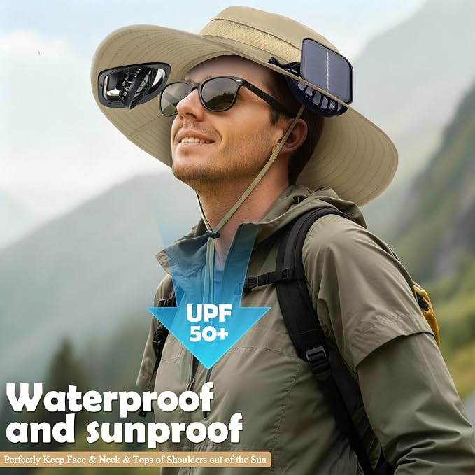 Berlune Sun Hat with 2 Solar Fan Wide Brim Fishing Bucket Hat USB & Solar for Men Women UPF 50+ Cooling for Fishing Beach