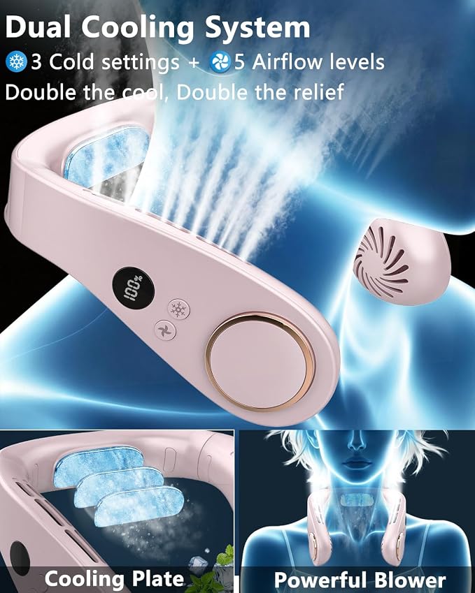 AJGJF Neck Fan with Cooling Plate,5500mAh Battery Operated, Silent 360° Cooling Personal Fan, 5 Speeds and 3 Temp Modes, 24H Max Long Lasting,LED Power & Gear Display, Necklace Fans for Summer Beach