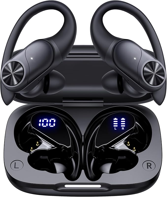 PocBuds Bluetooth Headphones Wireless Earbuds 80hrs Playtime Wireless Charging Case Digital Display Sports Ear Buds with Earhook Deep Bass IPX7 Waterproof Over-Ear Earphones for TV Phone Laptop Black