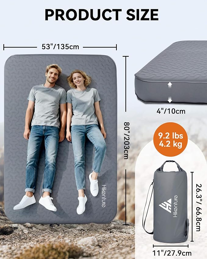 Hikenture 4" Thick Self Inflating Sleeping Pad, Foam & Air Camping Mattress, 9.5 R-Value Insulated Sleeping Mat, Portable All Season Camping Pad for Tent, Car, Cot, Truck
