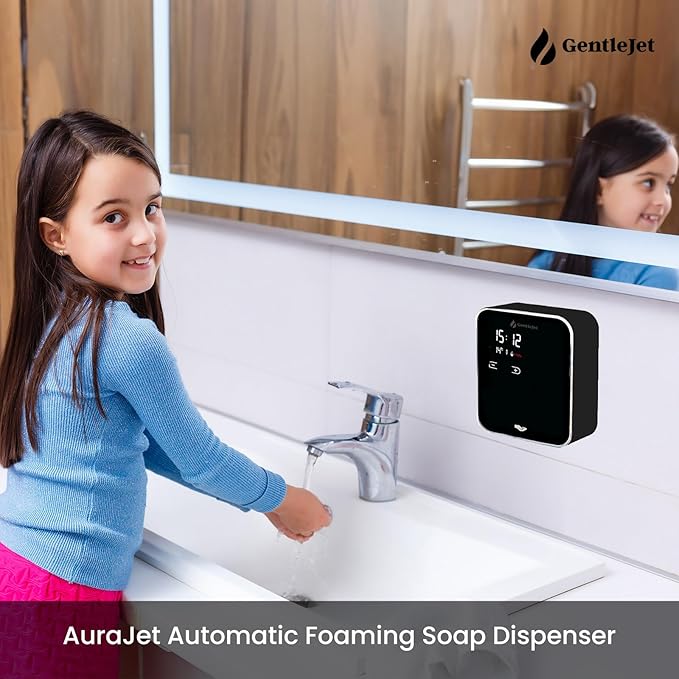 GentleJet AuraJet Automatic Foaming Soap Dispenser Wall Mount – Touchless Sensor, LED Display, 5 Foam Levels, Rechargable USB-C or Battery Powered, Aluminum Alloy, 480 ml Refillable