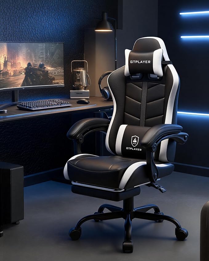GTPLAYER Gaming Chair, Ergonomic Computer Office Chairs for Adults with Footrest, Height Adjustable, Linkage Armrests, 90-155° Recline & Headrest Lumbar Support, Black & White