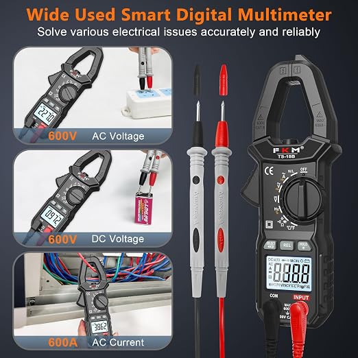 FKM Clamp Meter,TRMS 6000 Counts 600 Amp Digital Clamp Multimeter Voltage Tester,Auto-ranging Volt Meter,for AC/DC Voltage,AC Current,NCV,Capacitance,Resistance,Continuity,Hz/Duty Cycle,Diode,TempTest