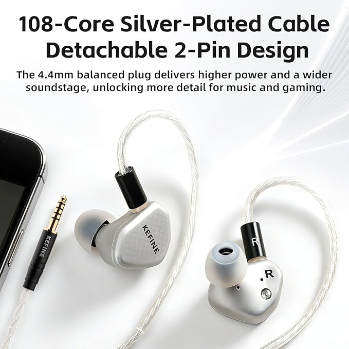 Klean SV Hi-Fi in Ear Monitor, Wired Gaming Earbuds, 10mm DLC Diaphragm Dynamic Driver, Wired Earphones, Interchangeable Tuning Nozzles, HiFi IEM for Audiophile, Musician&Gaming(Silver, 4.4mm)