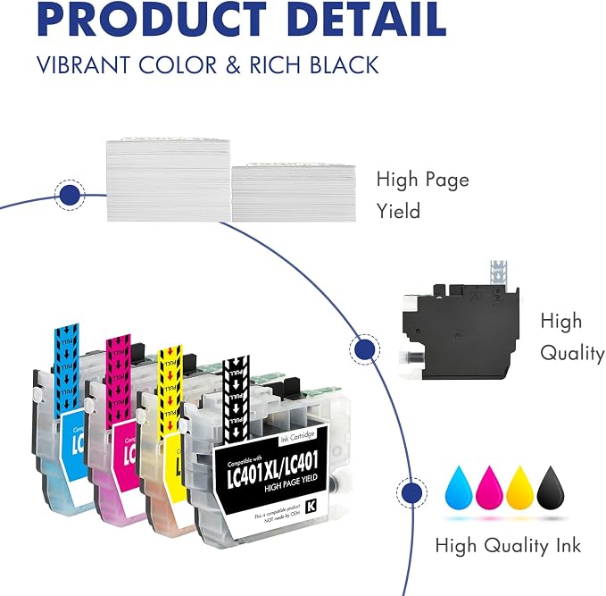 Cool Toner LC401XL LC401 MFC-J1010DW Ink Cartridges for Brother Printer LC 401 401XL for MFC-J1010DW MFC-J1170DW MFC-J1012DW MFC-J1800DW MFC J1010DW - 4 Pack High Yields Black Cyan Magenta Yellow