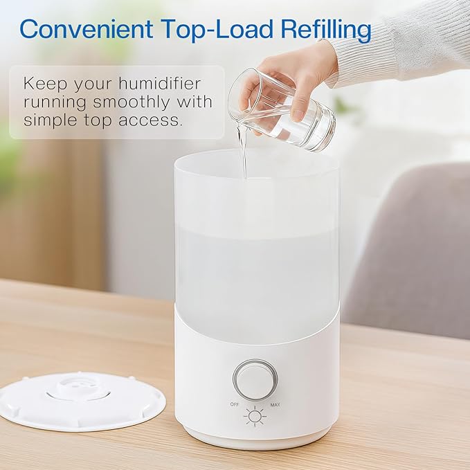 Cool Mist Humidifier for Bedroom, 3L Top Fill Ultrasonic Air Humidifier with Adjustable Knob Control, Quiet Operation, Auto Shut-Off, BPA-Free for Home, Baby, Office, Plants 6L