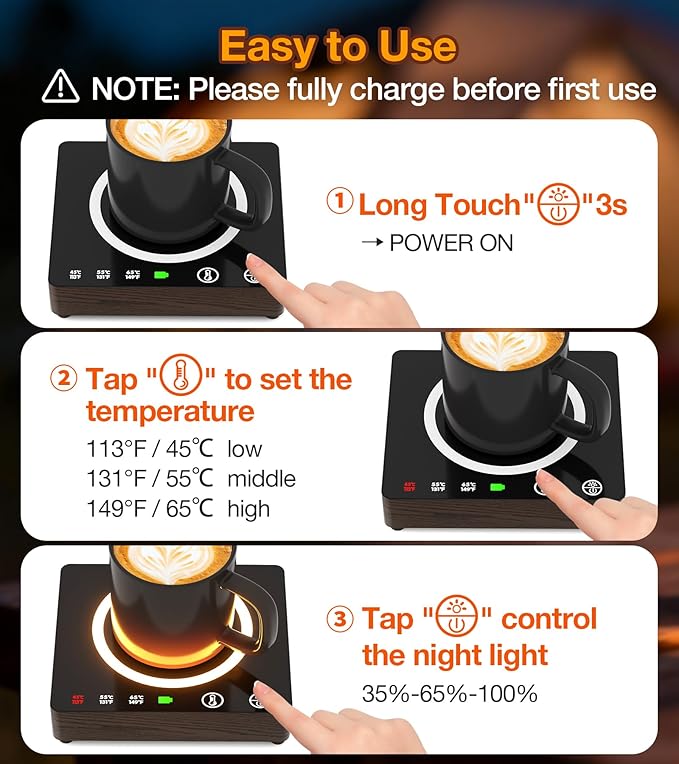 Mug Warmer, Cordless 180 Min Battery Life, 10000mAh Portable Charger, Wireless Coffee Cup Warmer for Desk, 3 Temp Settings, Smart Candle Heat Plate for Home, Office, Travel, Camping & Gifts