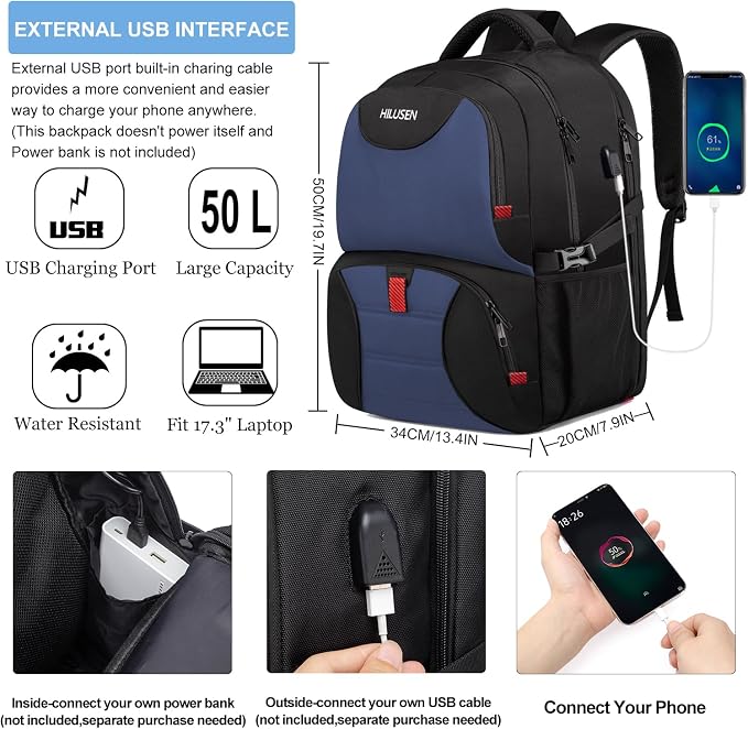 Lunch Backpack for Men, Insulated Cooler Lunch Box Backpack, Extra Large 50L Travel Laptop Backpack for Work with USB Charging Port, Water Resistant 17inch Computer Bag Big, Blue