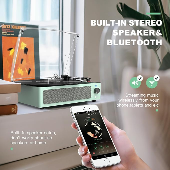 Record Player with Speakers Turntable for Vinyls Records Belt-Driven Turntables LP Vinyl Players Support Auto Stop 3-Speed 3 Size Wireless Playback Headphone AUX RCA Line Out New Sleek Mint Green