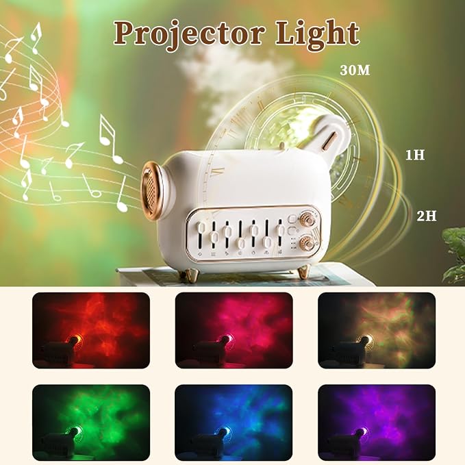6 in 1 Air Humidifiers for Bedroom Baby, 120 ML Essential Oils Diffusers for Home Office, Ultrasonic Cool Mist Humidifier with Bluetooth Speaker, Projector Light, White Noise, Timer (M8-Cream)