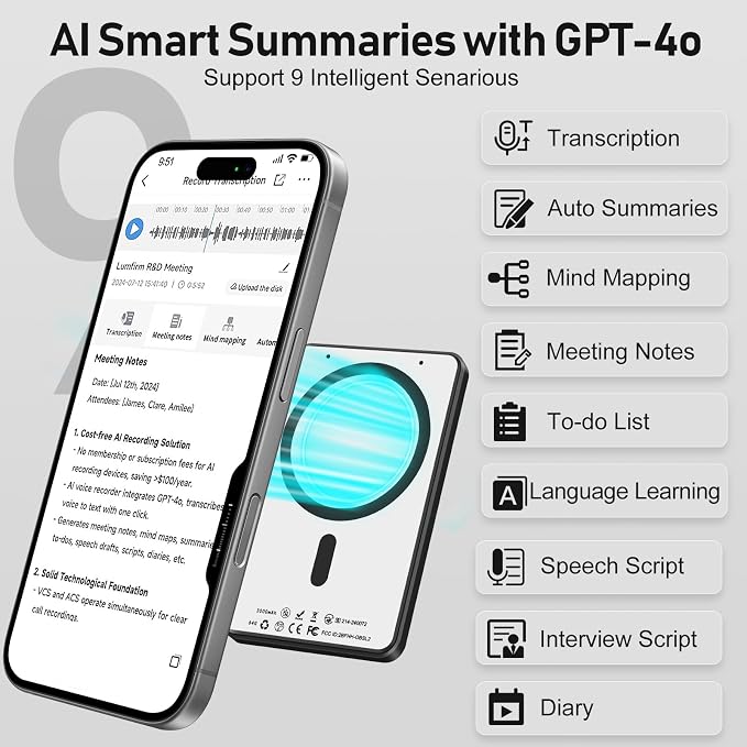 AI Voice Recorder with Lifetime Free Transcription - ChatGPT Powered 107 Languages Translator, 64GB Smart Recorder with App Control for Meetings/Lectures, 60H Battery & Military Encryption (Grey)