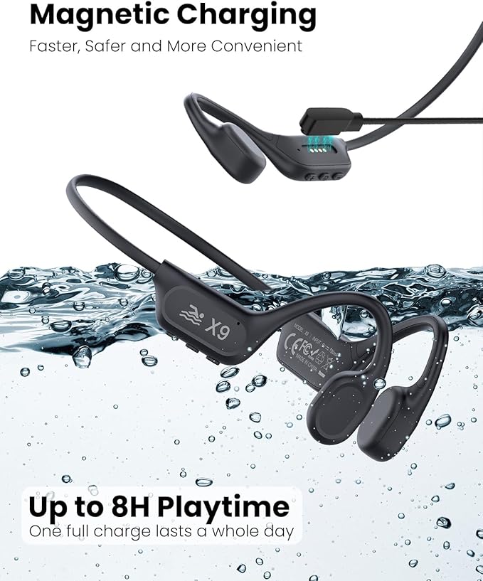 Swimming Headphones - Bone Conduction Bluetooth 6.0 Open Ear Sports Headset, IP68 Waterproof Built-in MP3 Player 32G Memory, for Running, Cycling (Black)