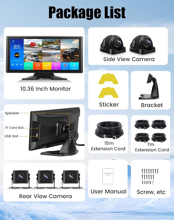 5 Channel Backup Camera System for Truck & RV – 10.36” IPS Touch Screen Monitor with 5 1080P HD Cameras, Smart BSD Alert, DVR Loop Recording, IP69 Waterproof Dash Cam for Semi Truck, Trailer, Van