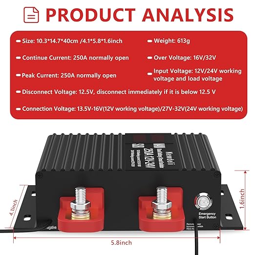 Newdeli 250 Amp Dual Battery Isolator 12V/24V Universal Voltage Sensitive Relay VSR Smart Dual Battery Isolator Kit for Marine RV UTV Car Boat Truck Trailer ATV Camper Moto