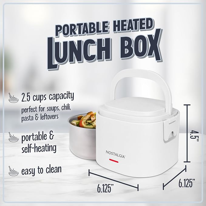 Nostalgia Portable Heated Lunch Box – 2.5-Cup Stainless Steel Food Warmer – Detachable Cord, Leak-Proof Lid, Carry Handle – Portable for Work & Travel – Frosted White