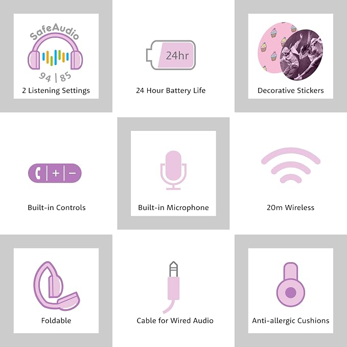 BuddyPhones POP Fun | Foldable Bluetooth Kids Headphones + Microphone, Works Wired or Wireless - SafeAudio Volume Limiting for iPhone/iPad/Tablet/PC and More (Pink)