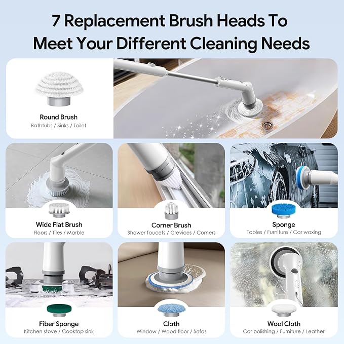Sorpci Electric Spin Scrubber, 2026 New Cordless Cleaning Brush, Shower Cleaning Brush with 7 Replaceable Brush Heads, Power Scrubber 3 Adjustable Speeds, Detachable Long Handle & IPX7 Waterproof