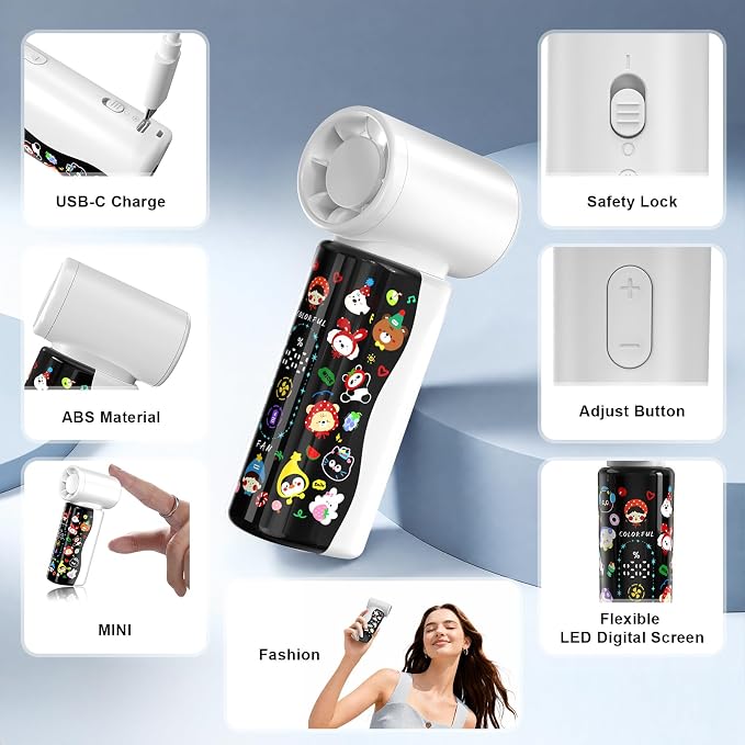 R-fun 2026 Mini Handheld Fan, 18000 RPM High-Speed Turbo Personal Fan with 100 Adjustable Speeds, Flexible Curved Color Screen, Portable Pocket Fan for Travel, Office, Outdoor - Cute Cartoon Design