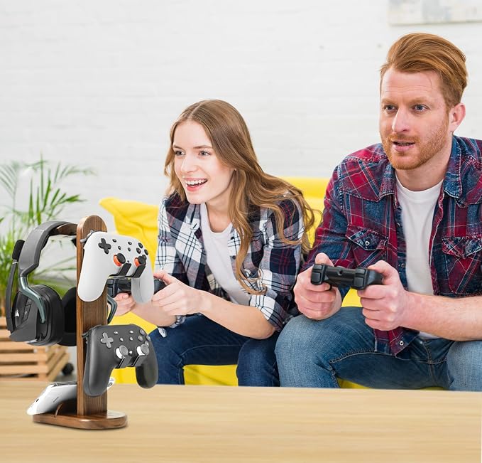 Controller Holder with Headphone Stand - Wood Gaming Controller Stand for Xbox PS5 PS4 Switch Pro, PC Gaming Accessories - Present Idea for Husband, Boyfriend, Gamers, Game Lover, Game Room Decor