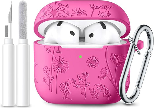 Lerobo for Airpods 4 Case Cover, Cute Flower Engraved Silicone Case for Airpods 4, Full Protective Shockproof Anti-dust Case Cover with Cleaner Kit Compatible with Apple Airpods 4 Case, Rose Pink