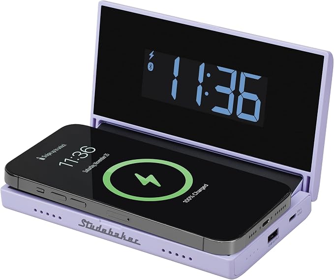 Studebaker Techmate All-in-One: Portable Travel Clock, Wireless & Wired Phone Charger, Bluetooth Speaker, and Power Bank (Lilac)