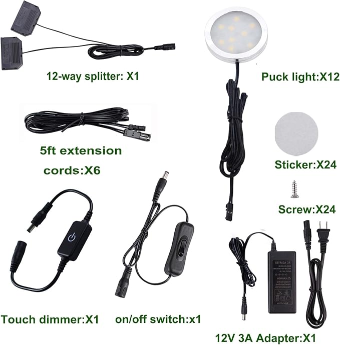 AIBOO LED Under Cabinet Lighting, 12V Counter Lights, Touch Dimming Puck Lights, Hardwired or Plug in With UL Listed Adapter, Updated Home Accent Light, 24W (12 Lights Daylight White)