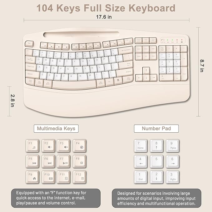 Wireless Keyboard and Mouse Combo, 2.4G Full Size Wave Keys Ergonomic Keyboard with Wrist Rest, Phone Holder, 3-Level DPI Wireless Silent Mouse with 6-Buttons, for Windows (Milk Tea-B)